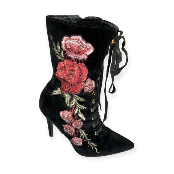 Cape Robbin Shoes - Cape Robbin Floral Roses Embroidered Black Velvet Lace Up Stiletto Heel Boots 9